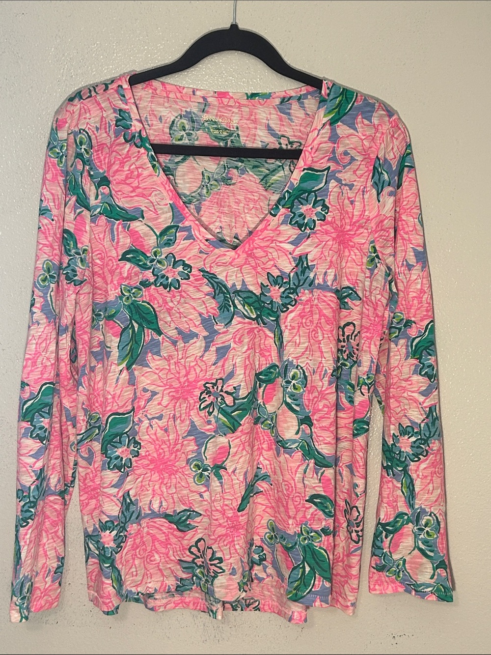 Lilly Pulitzer Pink & Green Floral V-Neck Long Sleeve Top